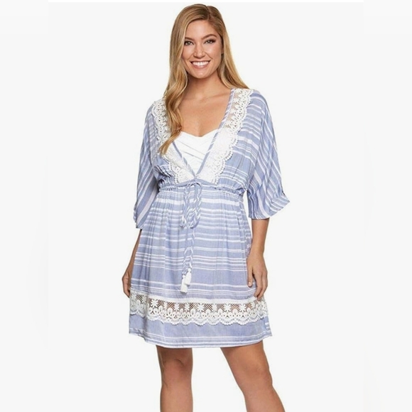 Dotti Tassel Tunic Striped Cover Up Blue White Crocheted Lace Trim Drawstring 1X - Picture 13 of 13